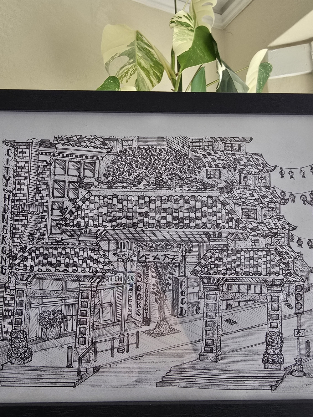 San Francisco art framed original Hand drawing. 01 Chinatown